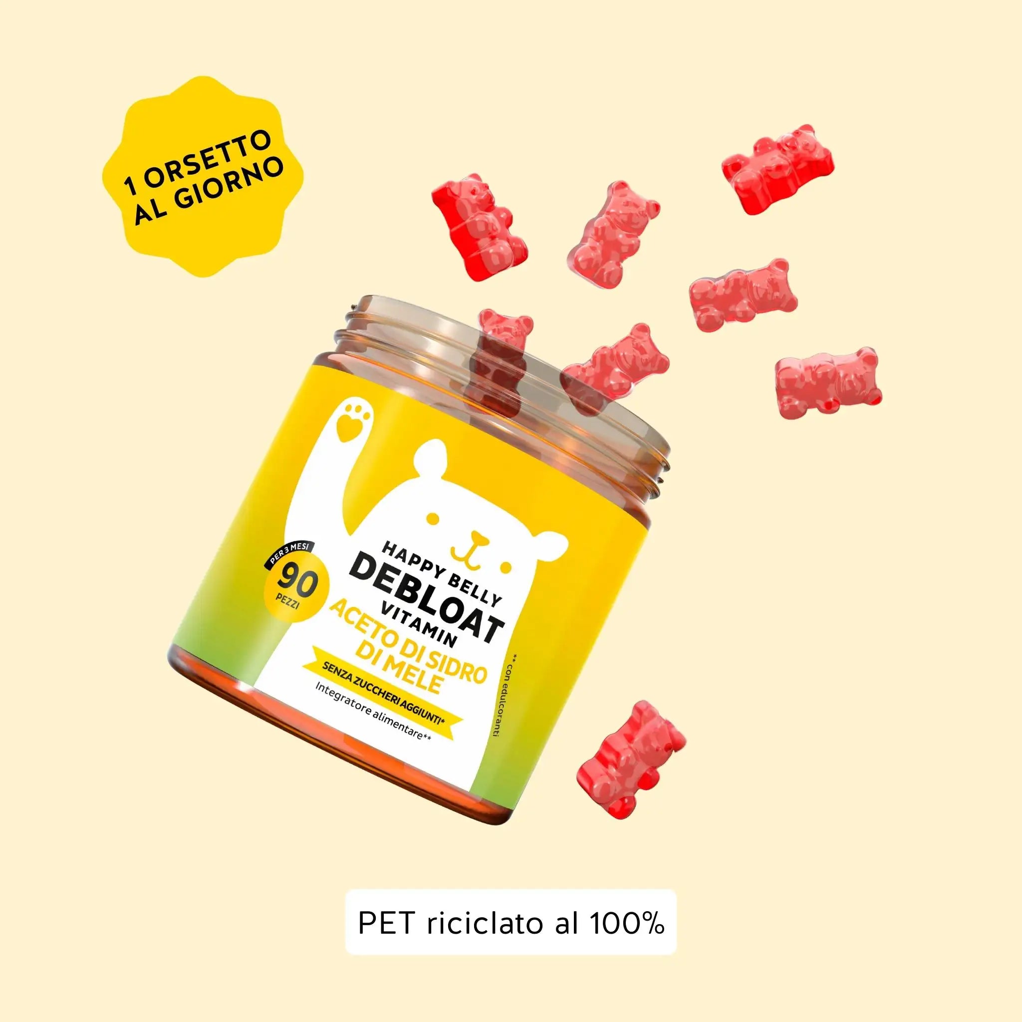 Raccomandazione di consumo del prodotto Happy Belly Debloat di Bears with Benefits in formato caramelle gommose, per digestione e benessere intestinale.