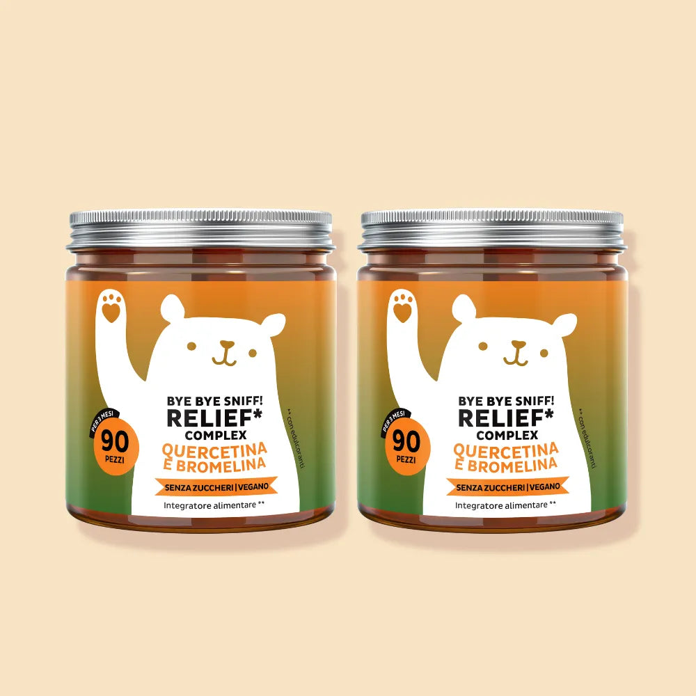 Bears with Benefits Bye bye Sniff! RELIEF* COMPLEX – Pack con 2 barattoli e 180 caramelle gommose totali, ideale per una routine continuativa dedicata al supporto del sistema immunitario e al benessere respiratorio quotidiano.