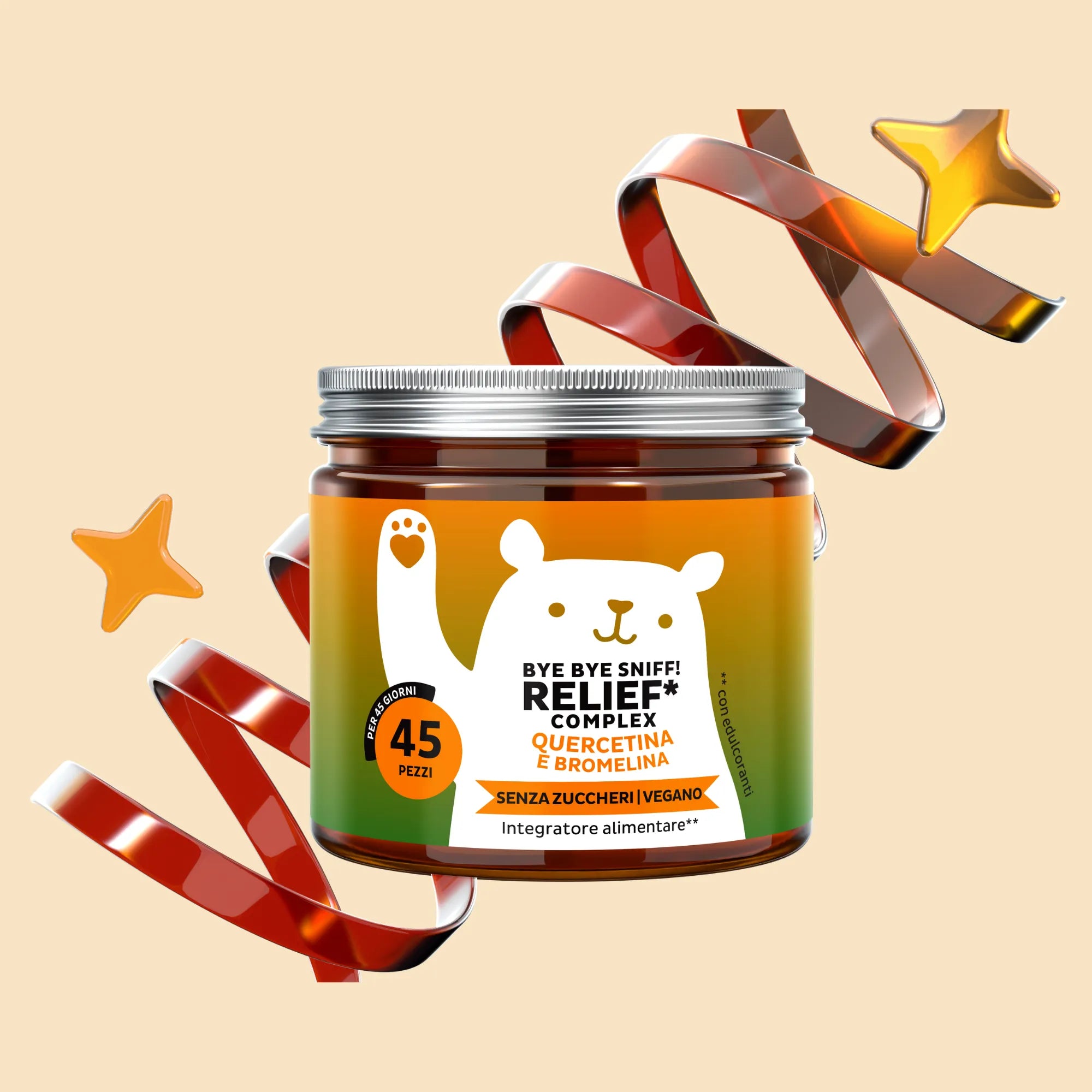 Immagine del barattolo con 45 orsetti gommosi Bye bye Sniff! RELIEF* COMPLEX di Bears with Benefits, integratore in formato caramelle gommose con ingredienti selezionati per supportare il sistema immunitario e il benessere durante i cambi di stagione.