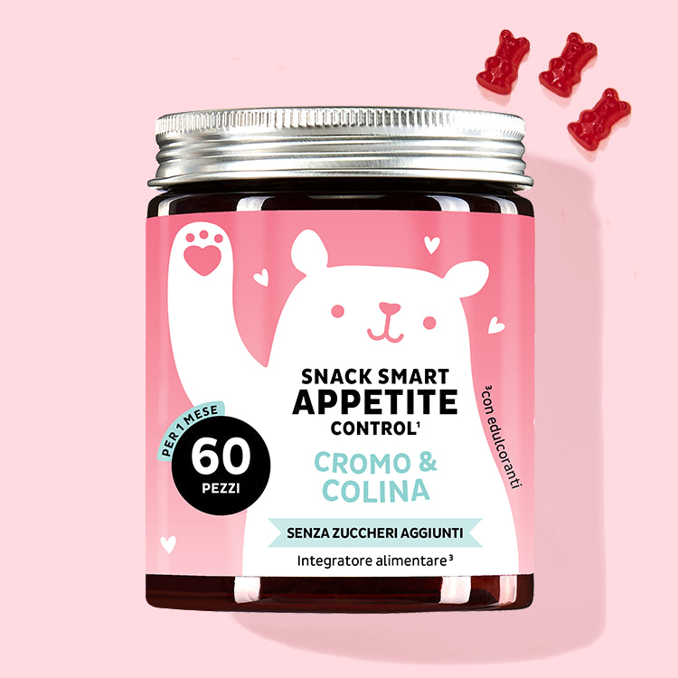 Una confezione del prodotto Snack Smart con cromo e colina per controllare la fame. Da Bears with Benefits.