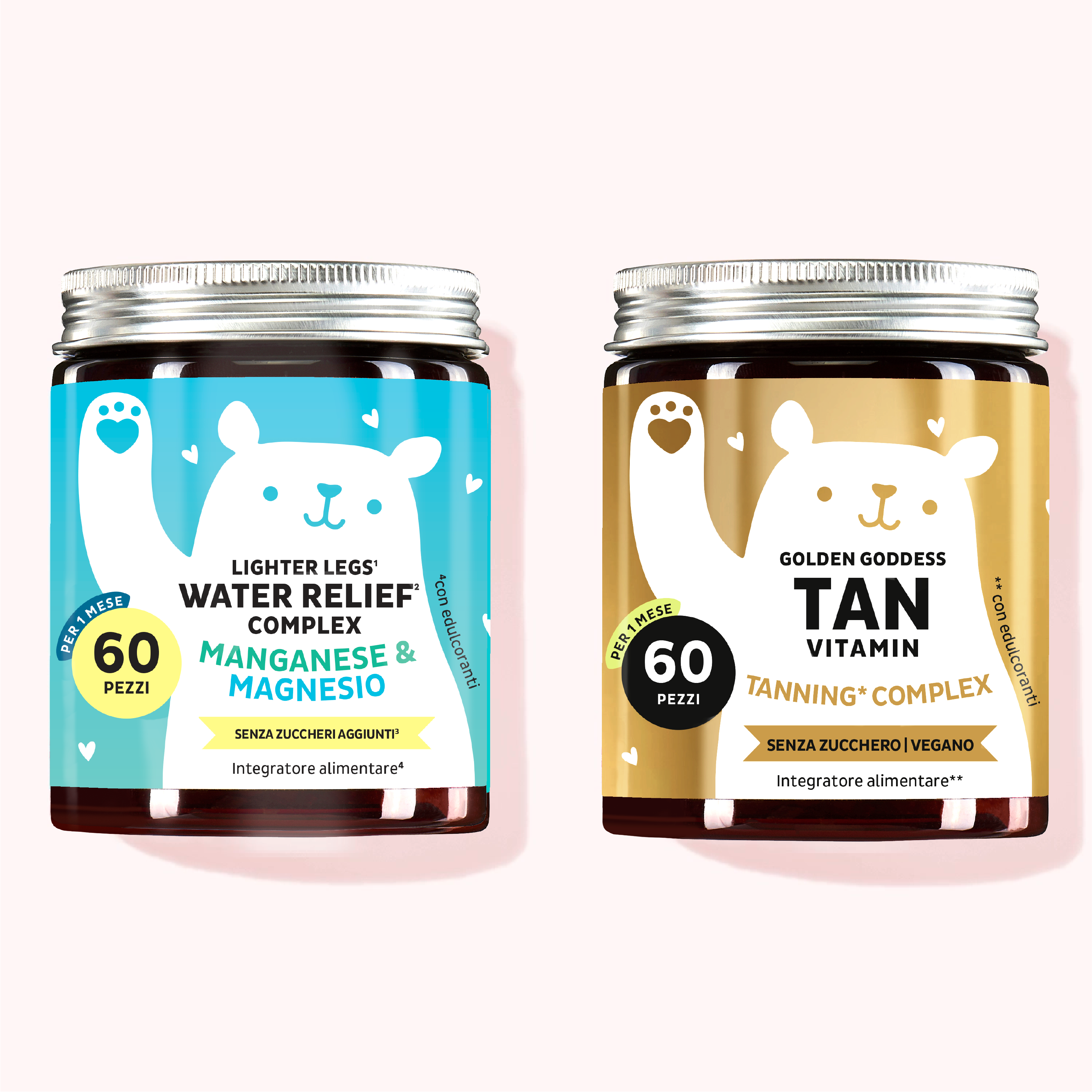 Duo Forme Baciate dal Sole composta da Golden Goddess tan con betacarotene e Water Relief con magnesio.