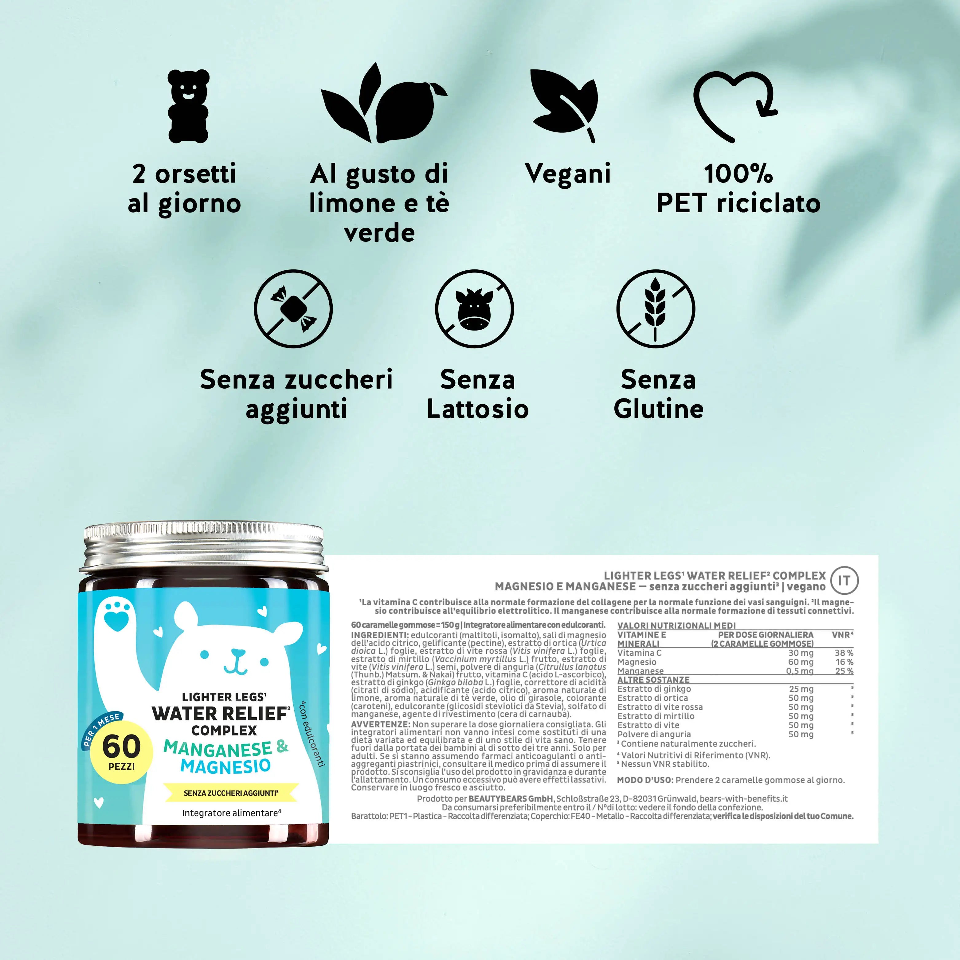 Valori nutrizionali e dose raccomandata del prodotto Lighter Legs Water Relief da Bears with Benefits.