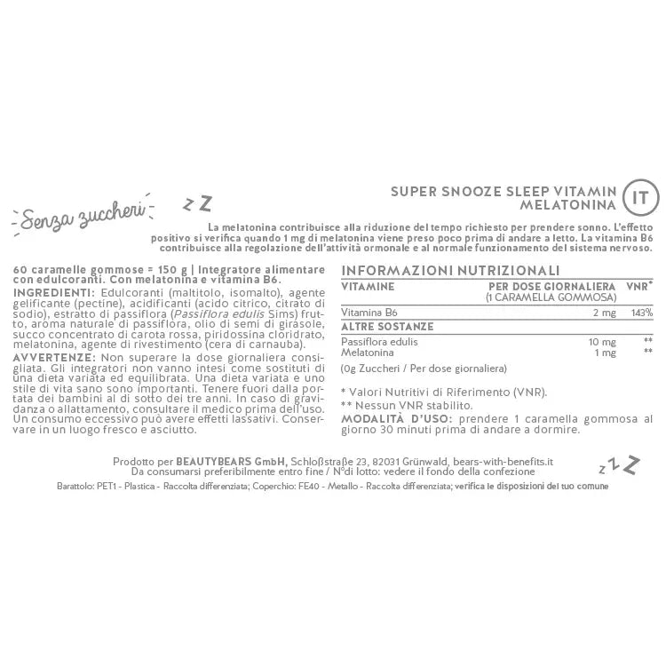 Etichetta del prodotto Super Snooze Sleep con melatonina con gli ingredienti e i valori nutrizionali da Bears with Benefits