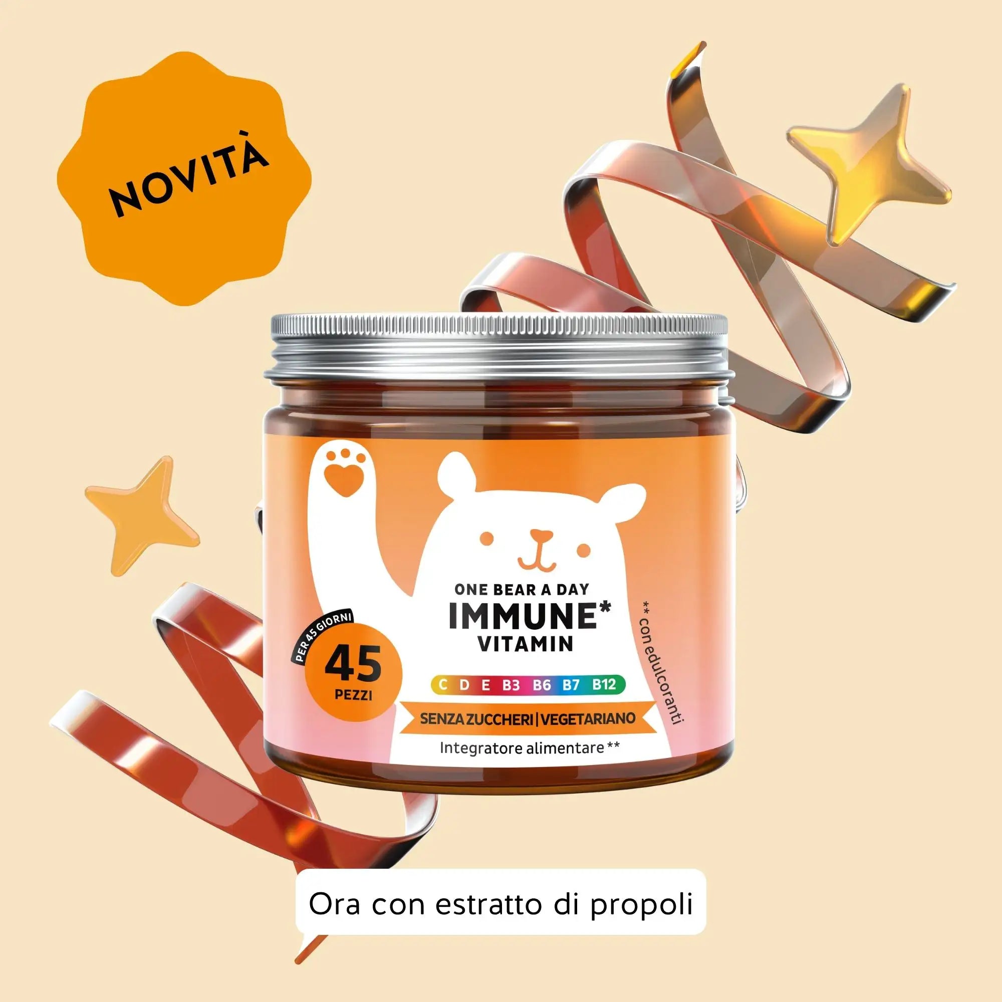 Immagine del barattolo da 45 unità del prodotto One Bear a Day Immune di Bears with Benefits in formato caramelle gommose, per il sistema immunitario.