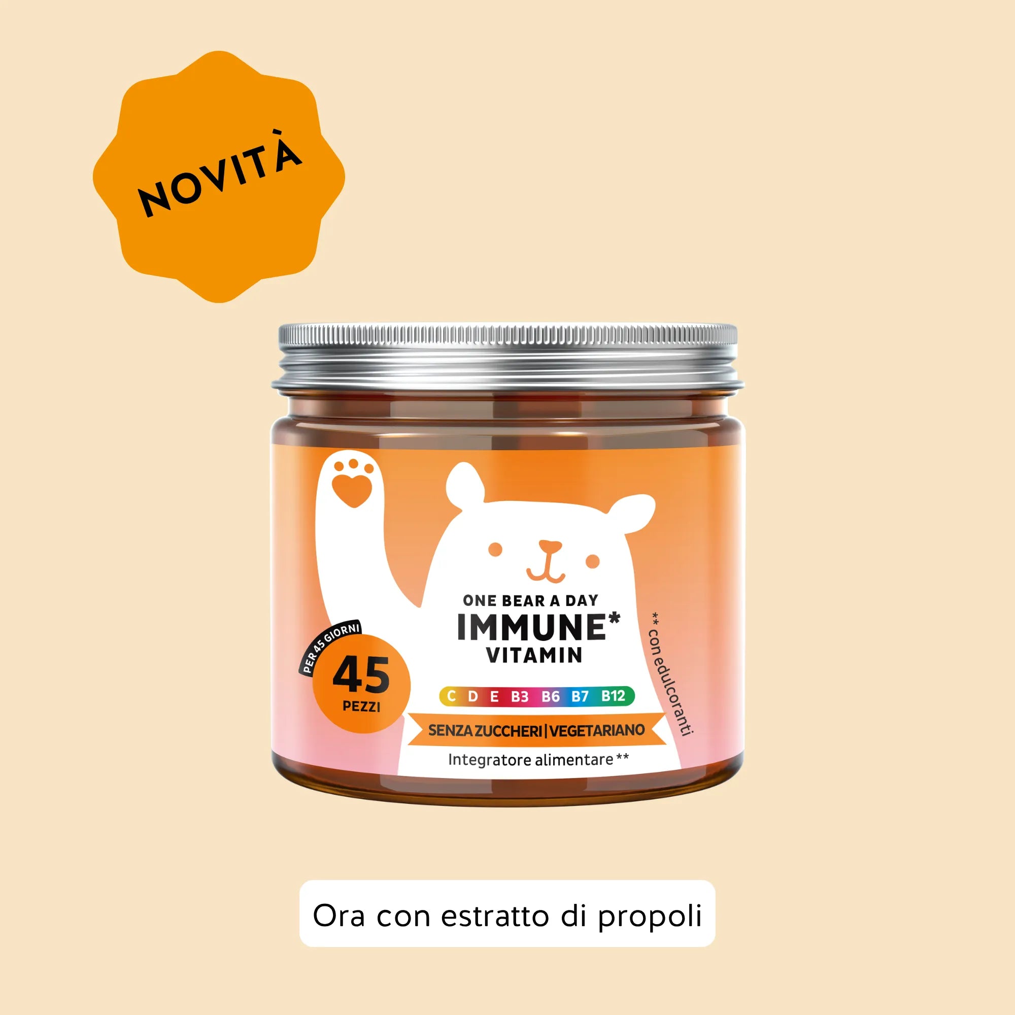 Immagine del barattolo da 45 unità del prodotto One Bear a Day Immune di Bears with Benefits in formato caramelle gommose, per il sistema immunitario.