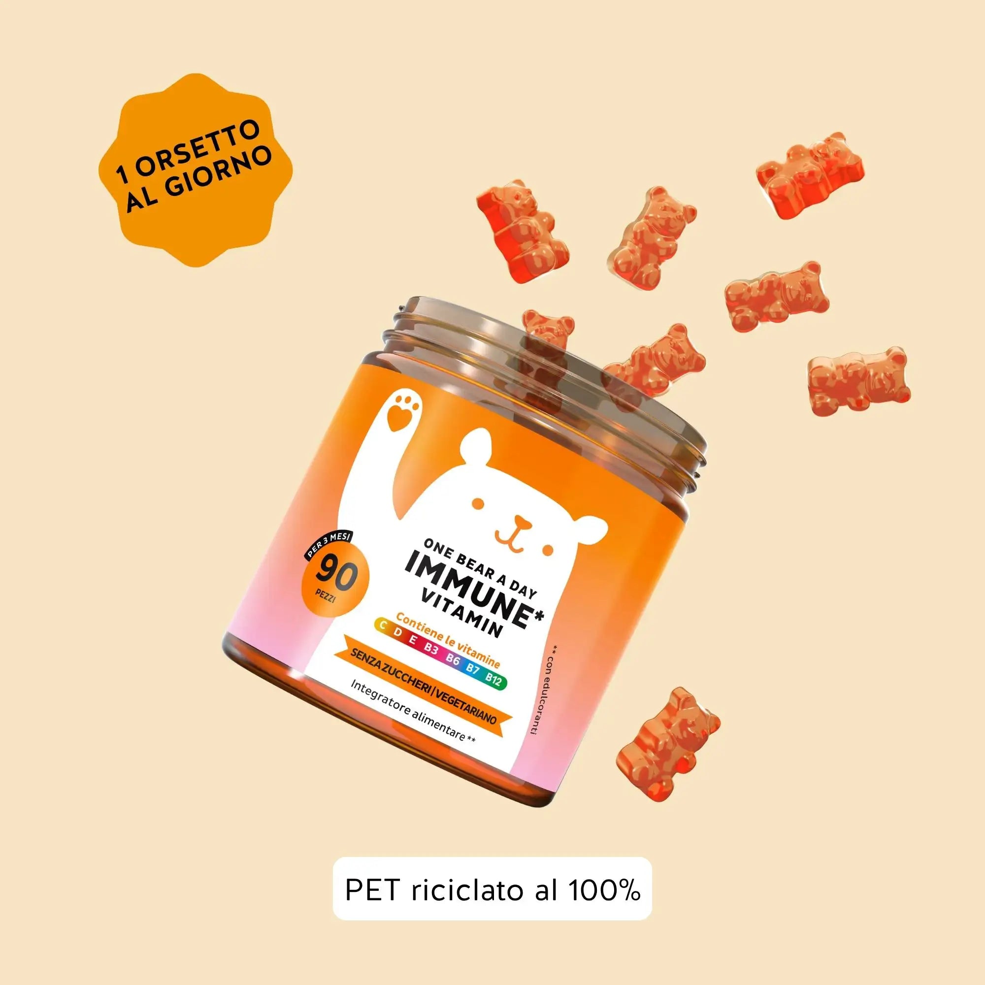 Bears with Benefits One Bear a Day Immune – Caramelle gommose vegane gusto arancia per supportare le difese naturali e il sistema immunitario, alternativa pratica e gustosa a capsule e compresse. Maxi formato con 90 caramelle gommose.
