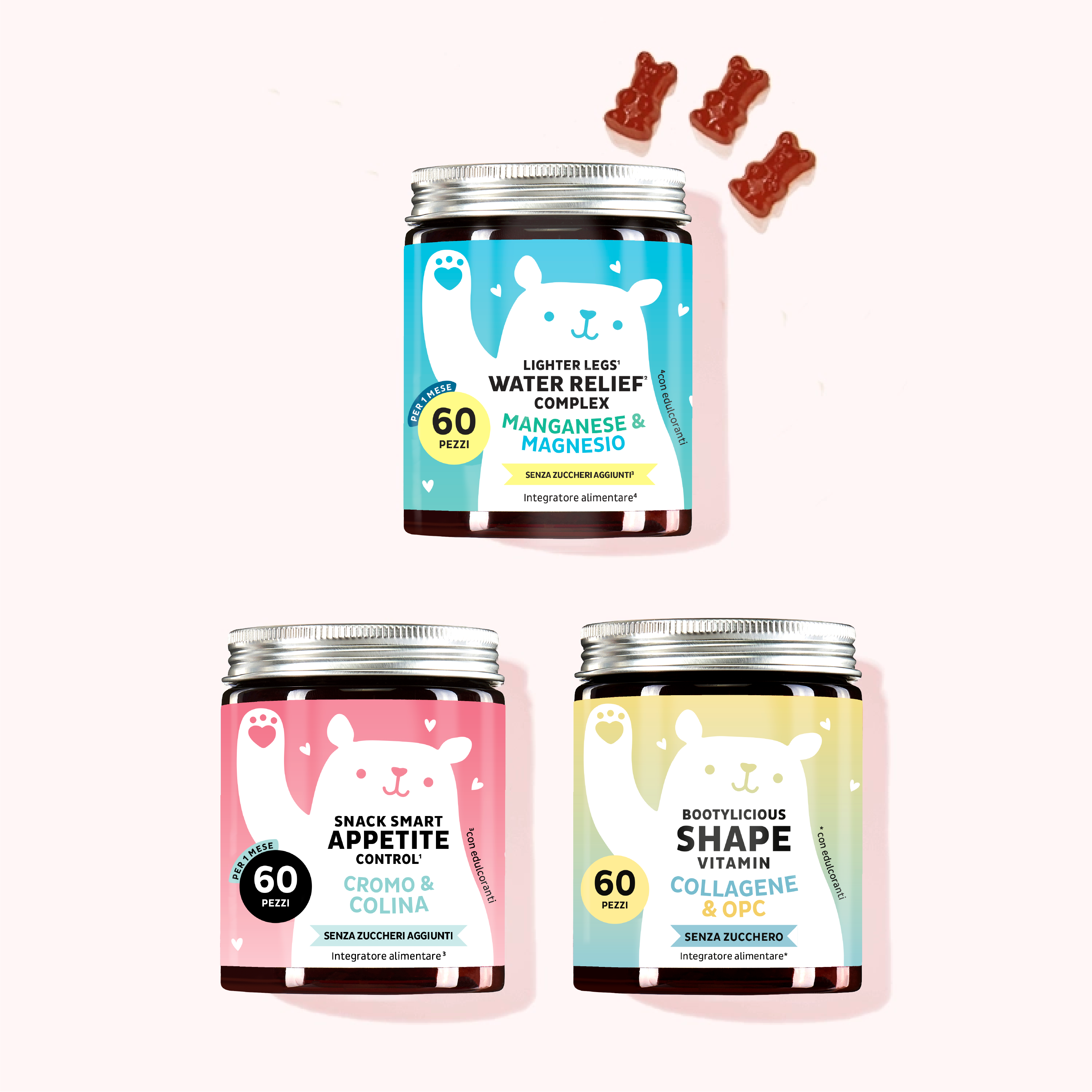 Trio effetto snella composto dagli integratori Water Relief con magnesio, Snack Smart con cromo e Bootylicious Shape con collagene.