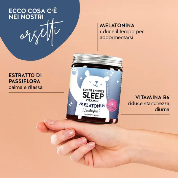 Questi ingredienti e nutrienti si trovano nelle Vitamine Super Snooze Sleep di Bears with Benefits: Melatonina, estratto di passiflora e vitamina B6