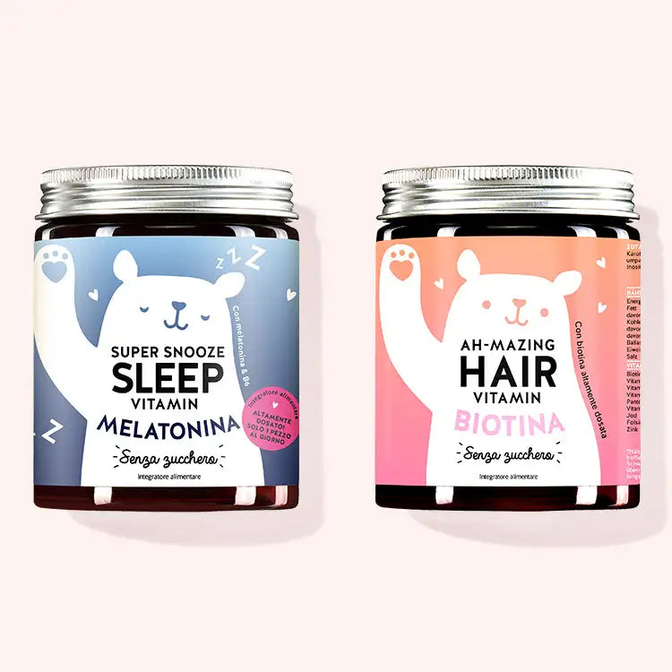 Set di 2 "Le Bella Addormentata" composto dalle Vitamine Super Snooze Sleep con melatonina e le Vitamine Ah-mazing Hair con biotina da Bears with Benefits