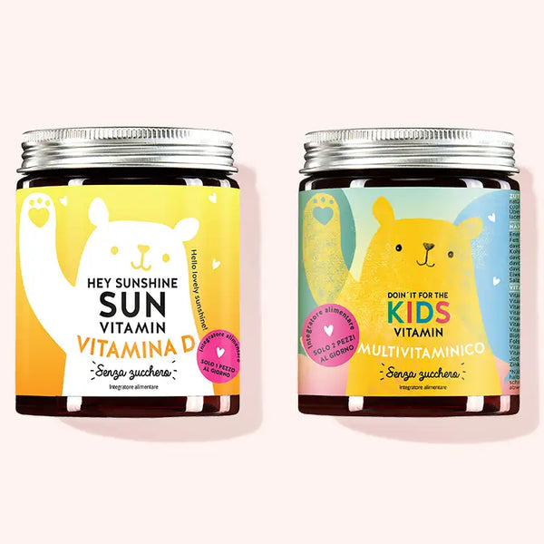 Set di 2 "Duo per piccoli e grandi supereroi" composto dalle Vitamine Hey Sunshine Sun con vitamina D e le Vitamine Doin' It For The Kids con multivitaminico da Bears with Benefits.