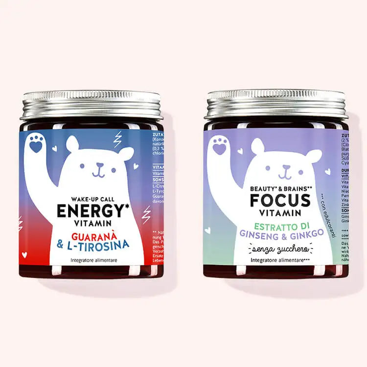 Set di 2 "Duo Always ON" da Bears with Benefits composto dalle vitamine Wake Up Call Energy con Guaranà e L-Tirosina e dalle vitamine Beauty & Brains Focus con estratto di Ginseng e estratto di Ginkgo.