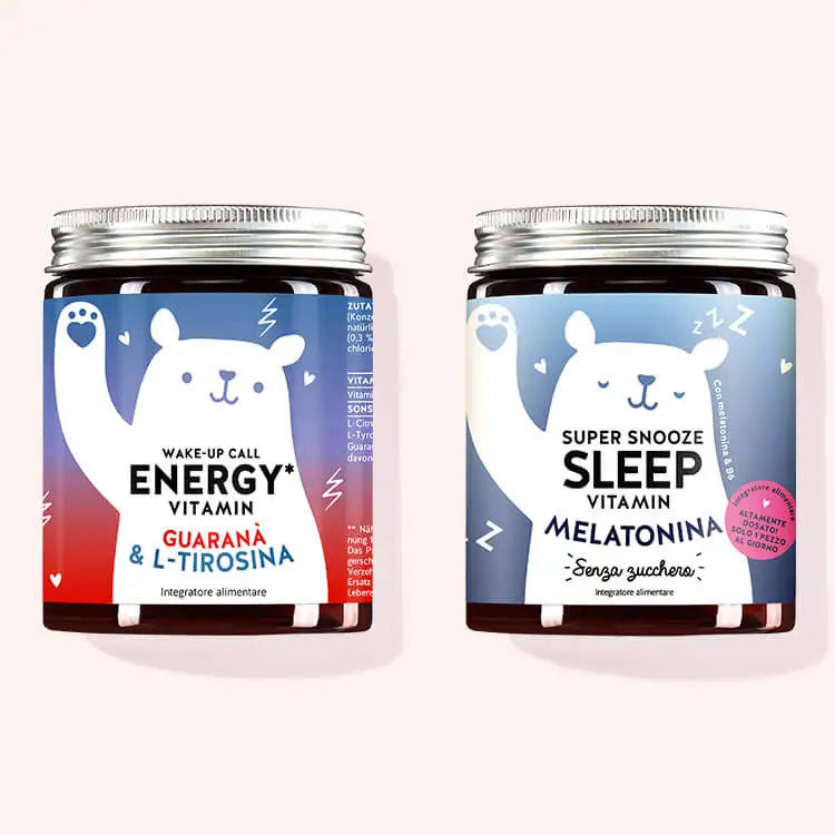 Set di 2 “Duo Day & Night” composto dalle Vitamine Wake-Up Call Energy e le Vitamine Super Snooze Sleep con estratto di guaranà, l-tirosina e melatonina da Bears with Benefits.