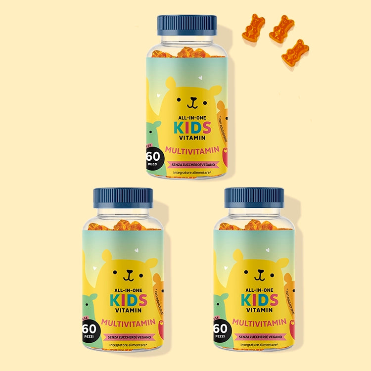 Tre confezioni degli orsetti gommosi All in One Kids Multivitamin per la crescita sana dei bambini. Da Bears with Benefits.