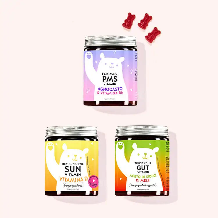 Set di 3 "Perfect Period Kit" composto dalle Vitamine Femtastic PMS con agnocasto Hey Sunshine Sun con vitamina D e le Vitamine Trust Your Gut con aceto di sidro di mele da Bears with Benefits