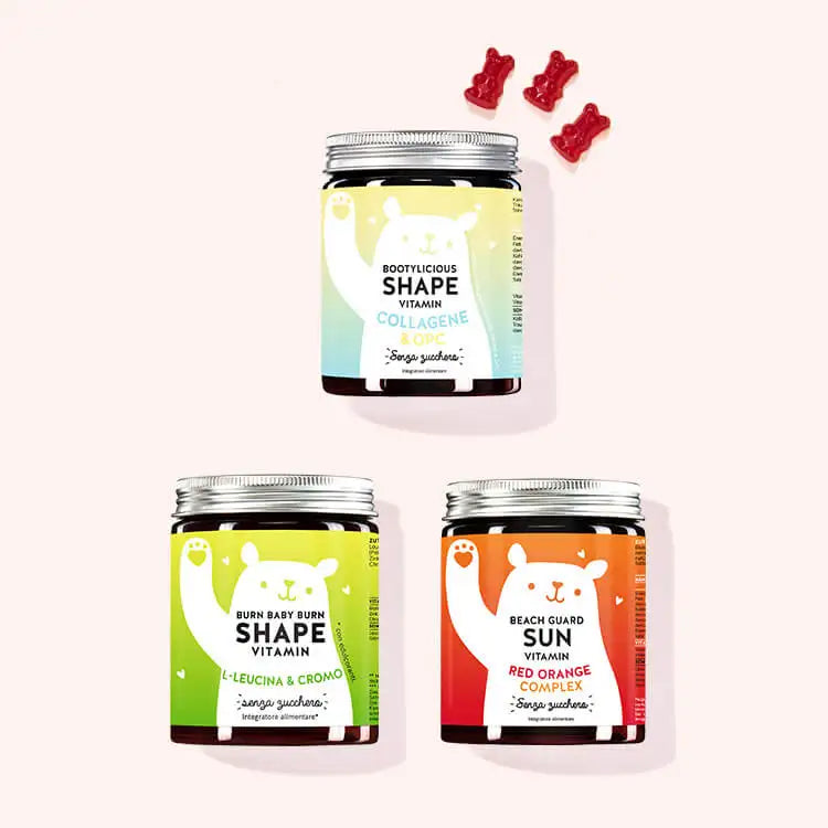 Set di 3 “Set - Bellezza da spiaggia” composto dalle vitamine Burn Baby Burn Shape con estratto di foglie di tè verde, le Vitamine Bootylicious Shape con collagene e OPC e le Vitamine Beach Guard Sun con Red Orange Complex da Bears with Benefits.