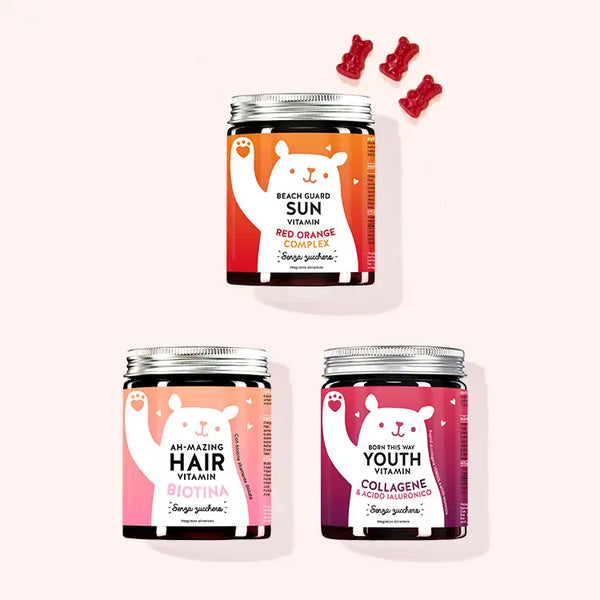 Set di 3 "Fonte di Giovinezza" composto dalle Vitamine Ah-mazing Hair con biotina, Born This Way Youth con collagene e le Vitamine Beach Guard Sun con Vitamina E e C da Bears with Benefits