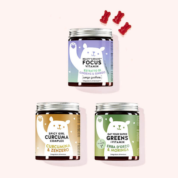 Set di 3 "Trio-Concentrati & In Forma da Bears with Benefits composto dalle vitamine Beauty & Brains Focus con estratto di Ginseng e estratto di Ginkgo, Spicy Girl Curcuma con curcumina e zenzero e dalle vitamine Eat your Super Greens con erba d'orzo e moringa. 