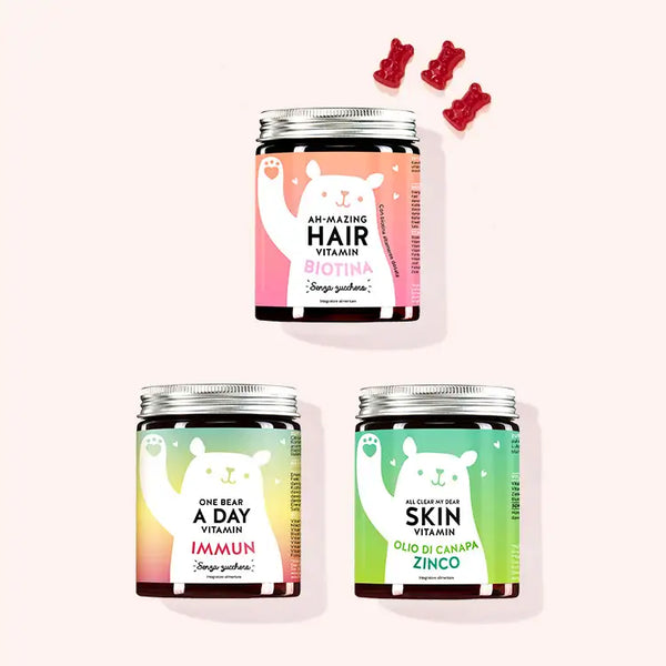 Set di 3 "Splendi de dentro" composto dalle Vitamine Ah-mazing Hair con biotina, One Bear A Day Immun e le Vitamine All Clear My Dear Skin con olio di canapa da Bears with Benefits