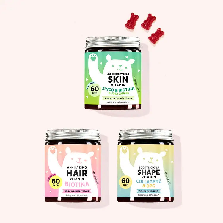 Set di 3 "Starter Kit: i nostri bestseller per pelle, corpo e capelli" composto da Bootylicious Shape Vitamins con collagene, Ah-mazing Hair Vitamins con biotina e All Clear My Dear Skin Vitamins con olio di semi di canapa di Bears with Benefits.