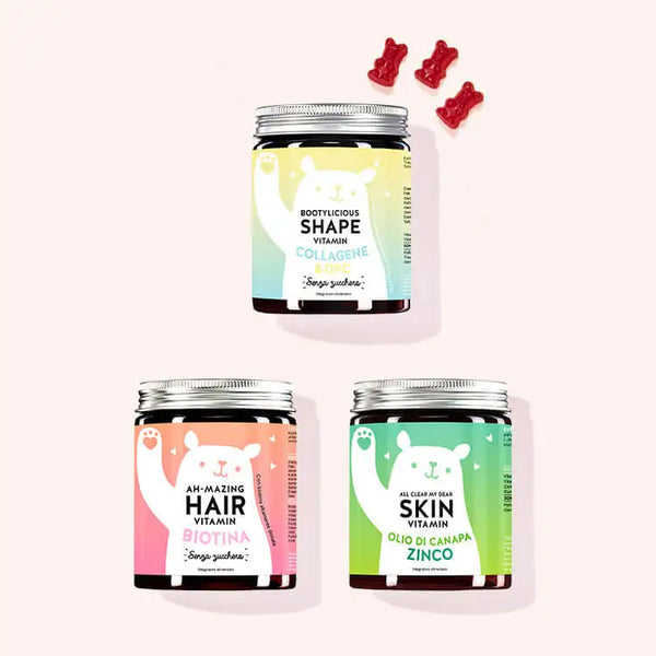 Set di 3 "Starter Kit: i nostri bestseller per pelle, corpo e capelli" composto da Bootylicious Shape Vitamins con collagene, Ah-mazing Hair Vitamins con biotina e All Clear My Dear Skin Vitamins con olio di semi di canapa di Bears with Benefits.