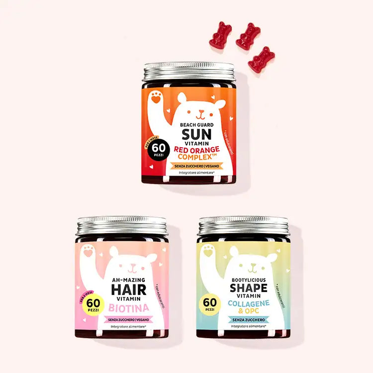Set di 3 "Starter Kit: Prova i nostri bestseller" composto dalle Vitamine Ah-mazing Hair con biotina, Bootylicious Shape con collagene e le Vitamine Beach Guard Sun con Vitamina E e C da Bears with Benefits
