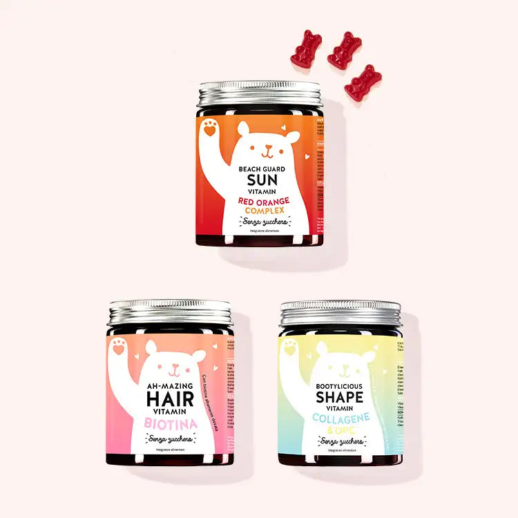 Set di 3 "Starter Kit: Prova i nostri bestseller" composto dalle Vitamine Ah-mazing Hair con biotina, Bootylicious Shape con collagene e le Vitamine Beach Guard Sun con Vitamina E e C da Bears with Benefits