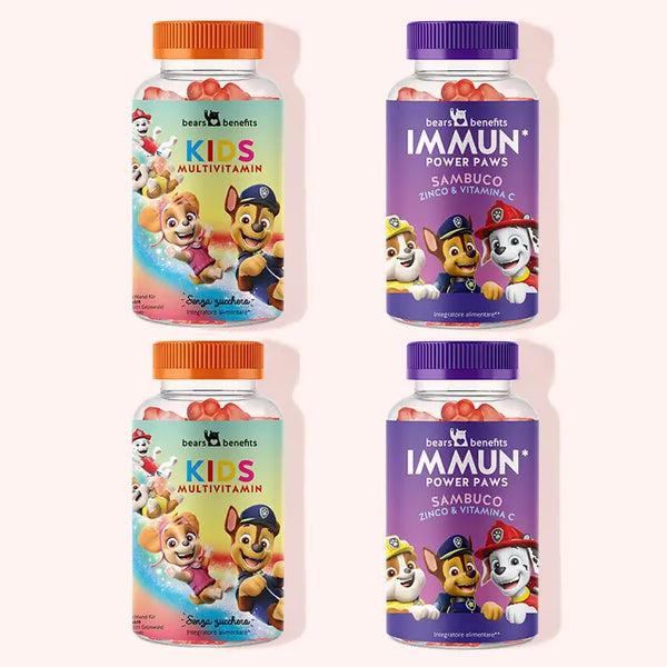 Bundle di 4 "Paw-erful Bundle" di Bears with Benefits composto da Paw Patrol Vitamins con Multivitamin e Immune Power Paw Vitamins con Holundberry.