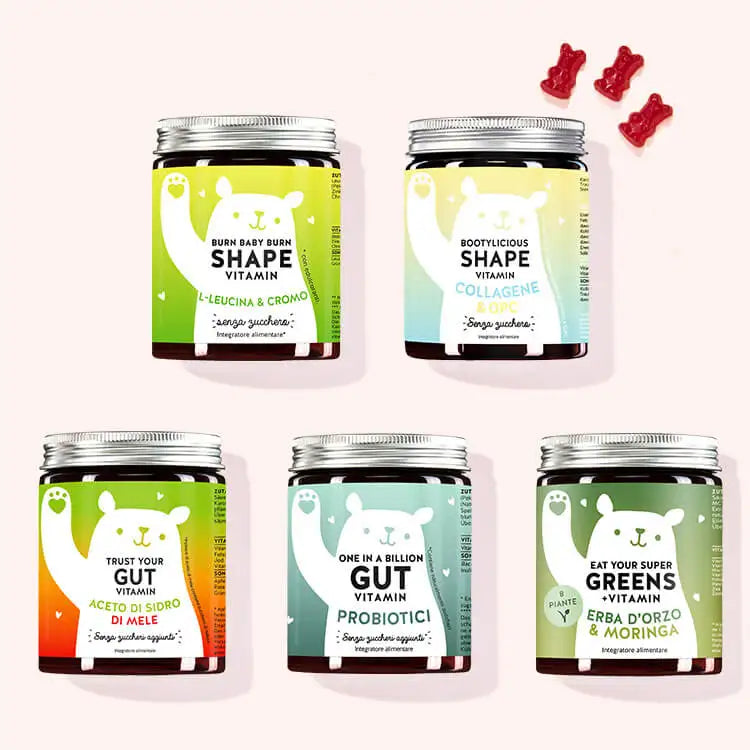 Set di 5 “Kit - Modella le tue Forme” composto dalle vitamine Burn Baby Burn Shape con estratto di foglie di tè verde, le Vitamine Bootylicious Shape con collagene e OPC, le Vitamine Trust your Gut con aceto di mele, le Vitamine One in a Billion Gut con Bacillus coagulans e inulina e le Vitamine Eat your Super Greens con erba d'orzo da Bears with Benefits.