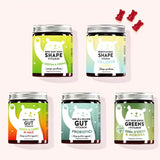 Set di 5 “Kit - Modella le tue Forme” composto dalle vitamine Burn Baby Burn Shape con estratto di foglie di tè verde, le Vitamine Bootylicious Shape con collagene e OPC, le Vitamine Trust your Gut con aceto di mele, le Vitamine One in a Billion Gut con Bacillus coagulans e inulina e le Vitamine Eat your Super Greens con erba d'orzo da Bears with Benefits.