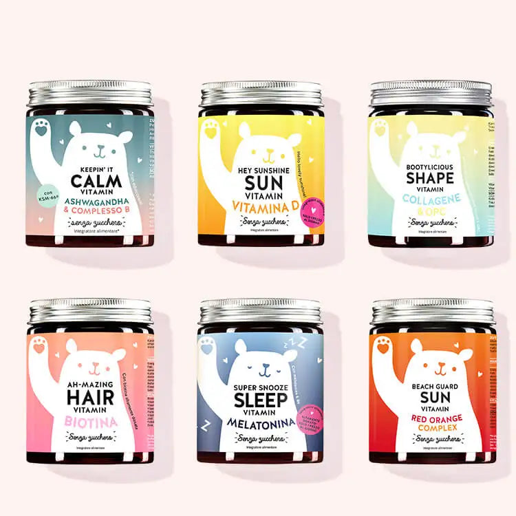 Set da 6 "Allround Starter-Kit" composto dalle vitamine Keepin'It Calm con Ashwagandha, Hey Sunshine Sun con vitamina D, Bootyilicious Shape con collagene, Ah-Mazing Hair senza zucchero con biotina, Super snooze Sleep con. melatonina e Beach Guard Sun con red orange complex da Bears with Benefits. 