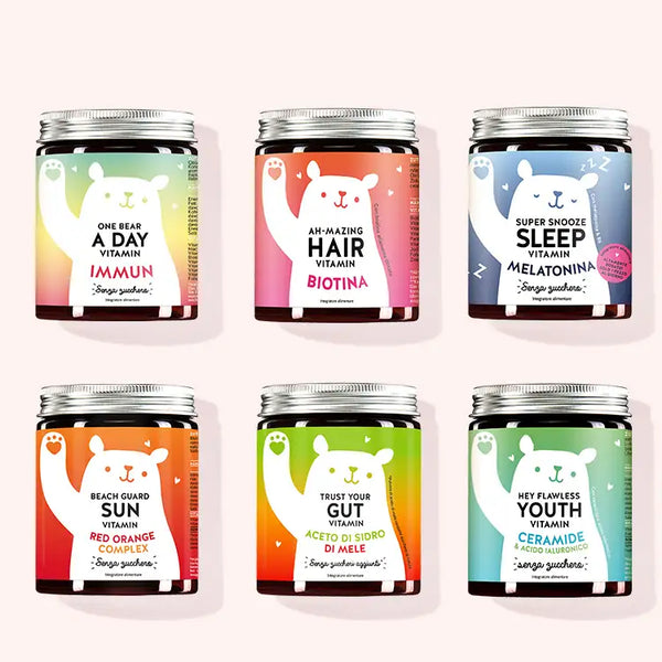 Set di 6 "Allround Starter-Kit" composto dalle Vitamine Beach Guard Sun con vitamina E e C, Super Snooze Sleep con melatonina, Trust Your Gut con aceto di sidro di mele, One Bear A Day immun, Hey Flawless Youth con ceramide e le Vitamine Ah-mazing Hair con biotina da Bears with Benefits
