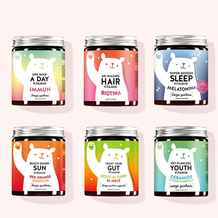 Set di 6 "Allround Starter-Kit" composto dalle Vitamine Beach Guard Sun con vitamina E e C, Super Snooze Sleep con melatonina, Trust Your Gut con aceto di sidro di mele, One Bear A Day immun, Hey Flawless Youth con ceramide e le Vitamine Ah-mazing Hair con biotina da Bears with Benefits