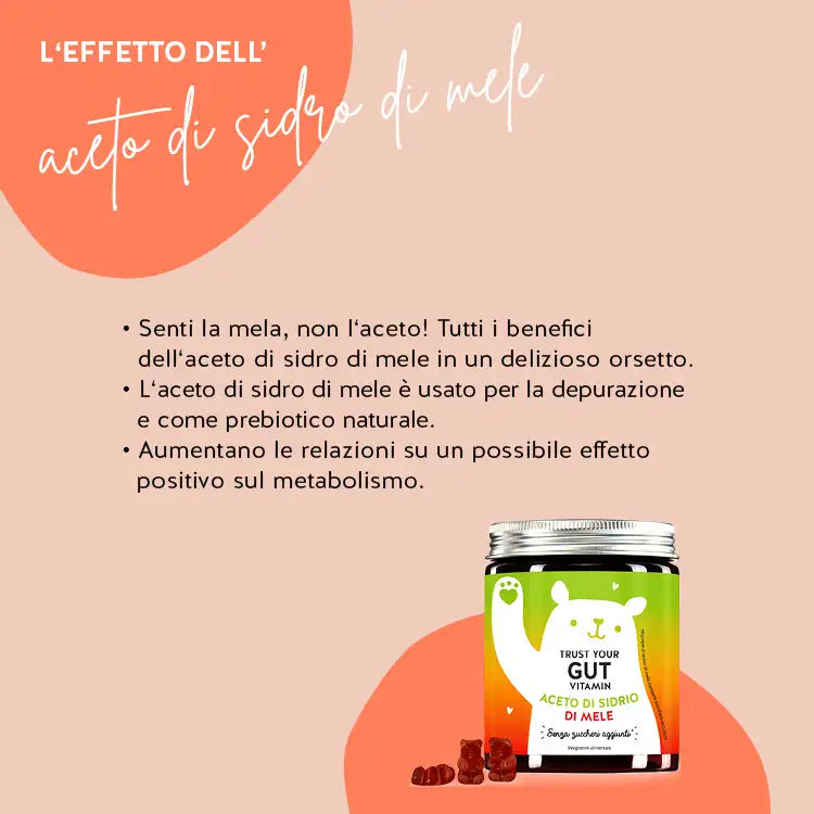 Ecco come funzionano le vitamine Trust Your Gut con aceto di sidro di mele: al gusto di mela anziché di aceto, l'aceto di sidro di mele viene assunto, tra l'altro, per disintossicarsi e come prebiotico naturale. Si stanno accumulando segnalazioni su un possibile effetto positivo sul metabolismo.