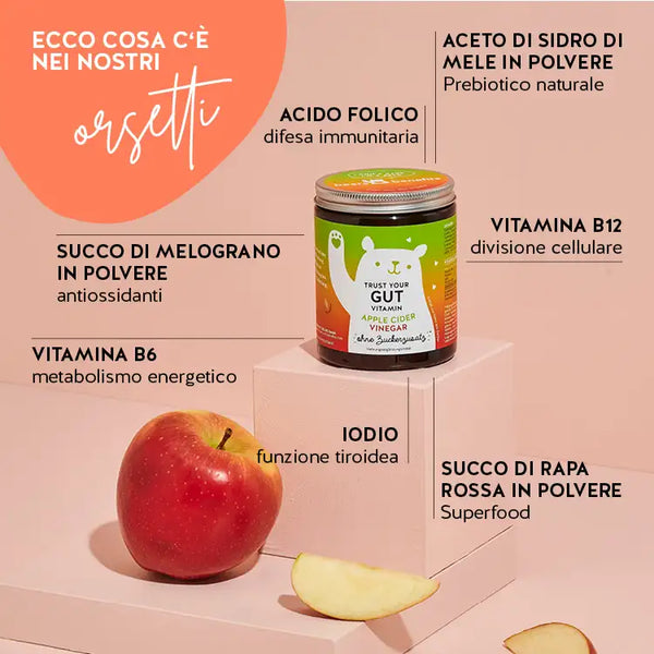 Questi ingredienti e nutrienti si trovano nelle Vitamine Trust Your Gut di Bears with Benefits: Acido di sidro di mele, acido folico, succo di melograno, iodio, succo di rapa rossa in polvere, vitamina B12 e B6