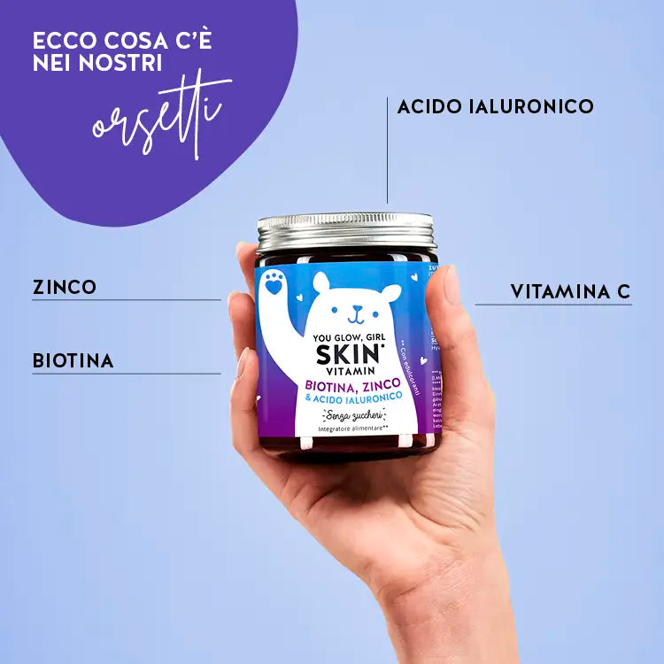 Questa immagine mostra gli ingredienti di You Glow, Girl Skin con Biotina, Zinco e acido ialuronico di Bears with Benefits. Acido ialuronico, zinco, biotina e vitamina C.