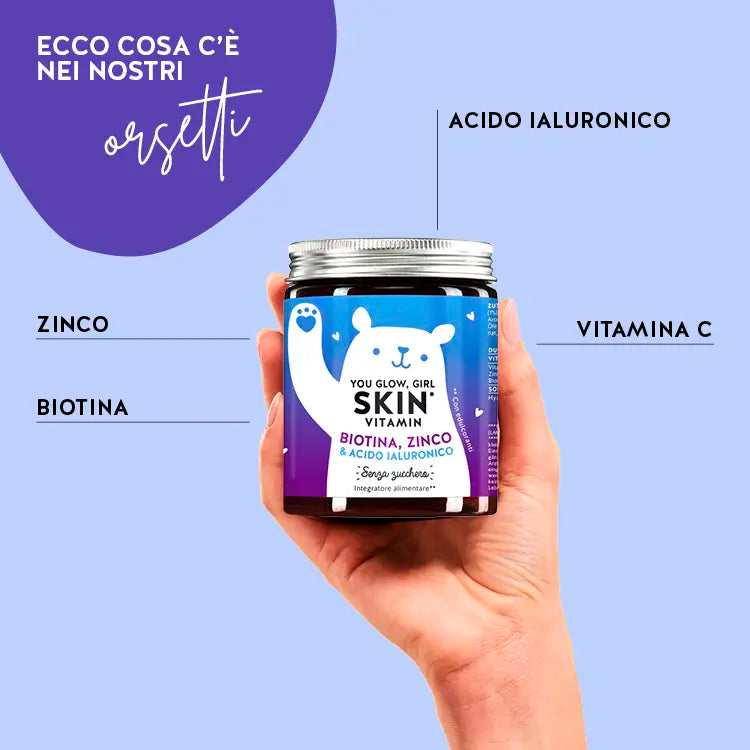Questa immagine mostra gli ingredienti di You Glow, Girl Skin con Biotina, Zinco e acido ialuronico di Bears with Benefits. 