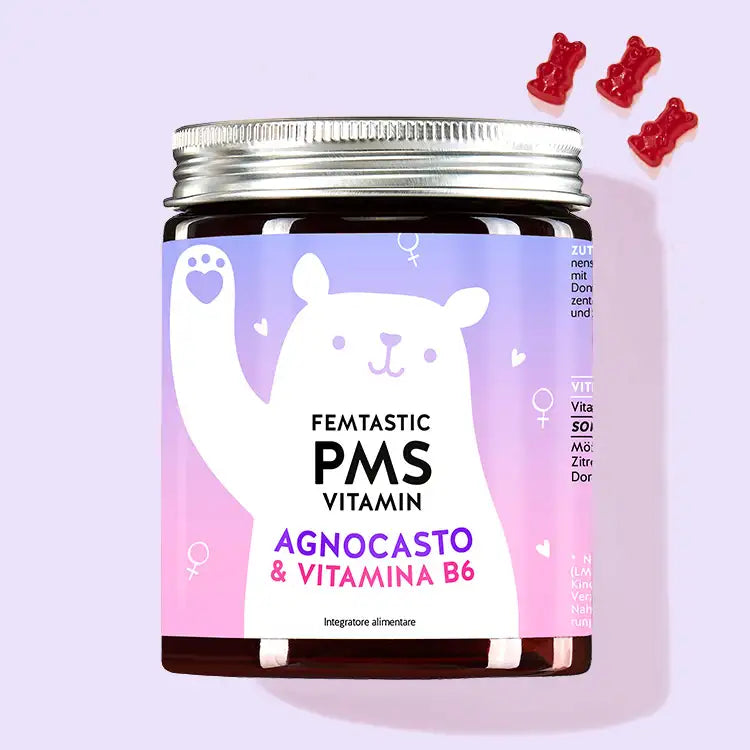 Una confezione di Vitamine Femtastic PMS con agnocasto e vitamina B6 da Bears with Benefits per un ciclo equilibrato