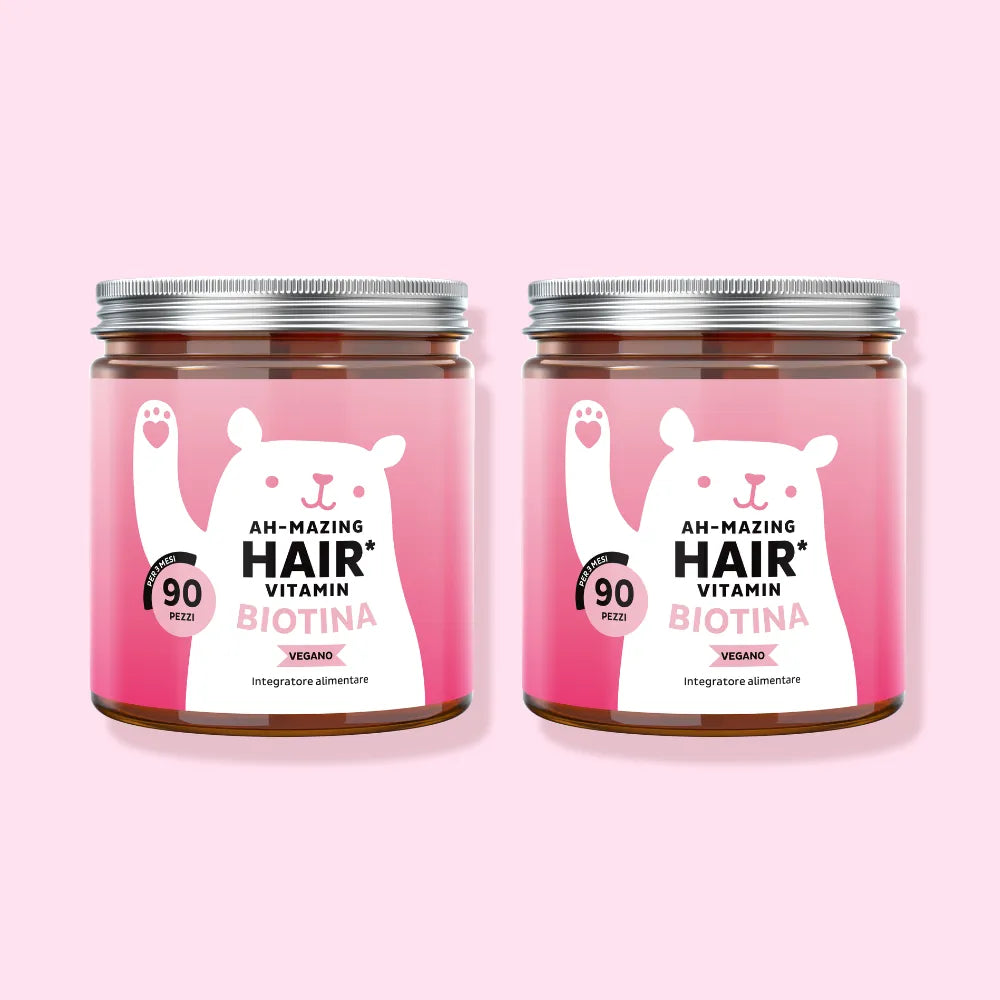 Immagine del pack da 2 barattoli di Ah-mazing Hair* di Bears with Benefits con 180 orsetti gommosi totali per una routine di bellezza prolungata.