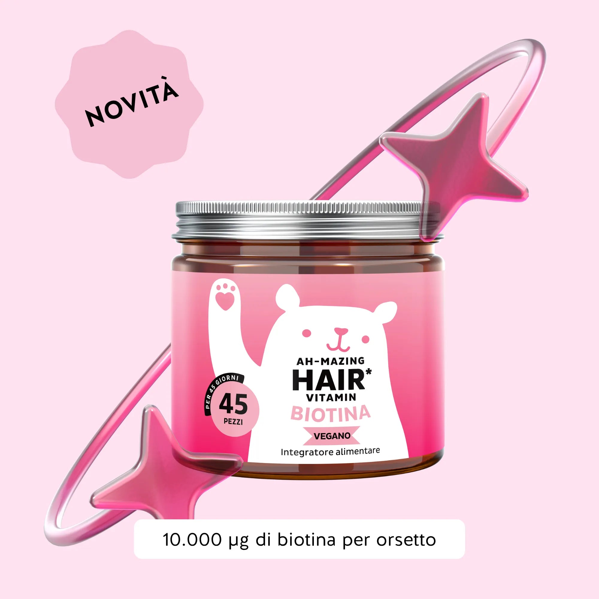 Immagine del barattolo con 45 orsetti gommosi Ah-mazing Hair* di Bears with Benefits, vitamine per capelli con biotina in formato caramelle gommose per supportare capelli, pelle e unghie.