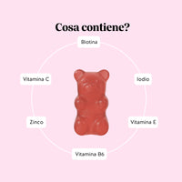 Bears with Benefits Ah-Mazing Hair* Biotina – Ingredienti degli orsetti gommosi con 10.000 μg di biotina, zinco, vitamina C, vitamina E, vitamina B6 e iodio, formula vegana pensata per accompagnare ogni giorno la routine dedicata a capelli, pelle e unghie.