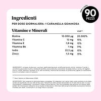 Bears with Benefits Ah-Mazing Hair* Biotina – Tabella nutrizionale completa degli orsetti gommosi con biotina, zinco, vitamina C, vitamina E, vitamina B6 e iodio, integratore alimentare per capelli, pelle e unghie.
