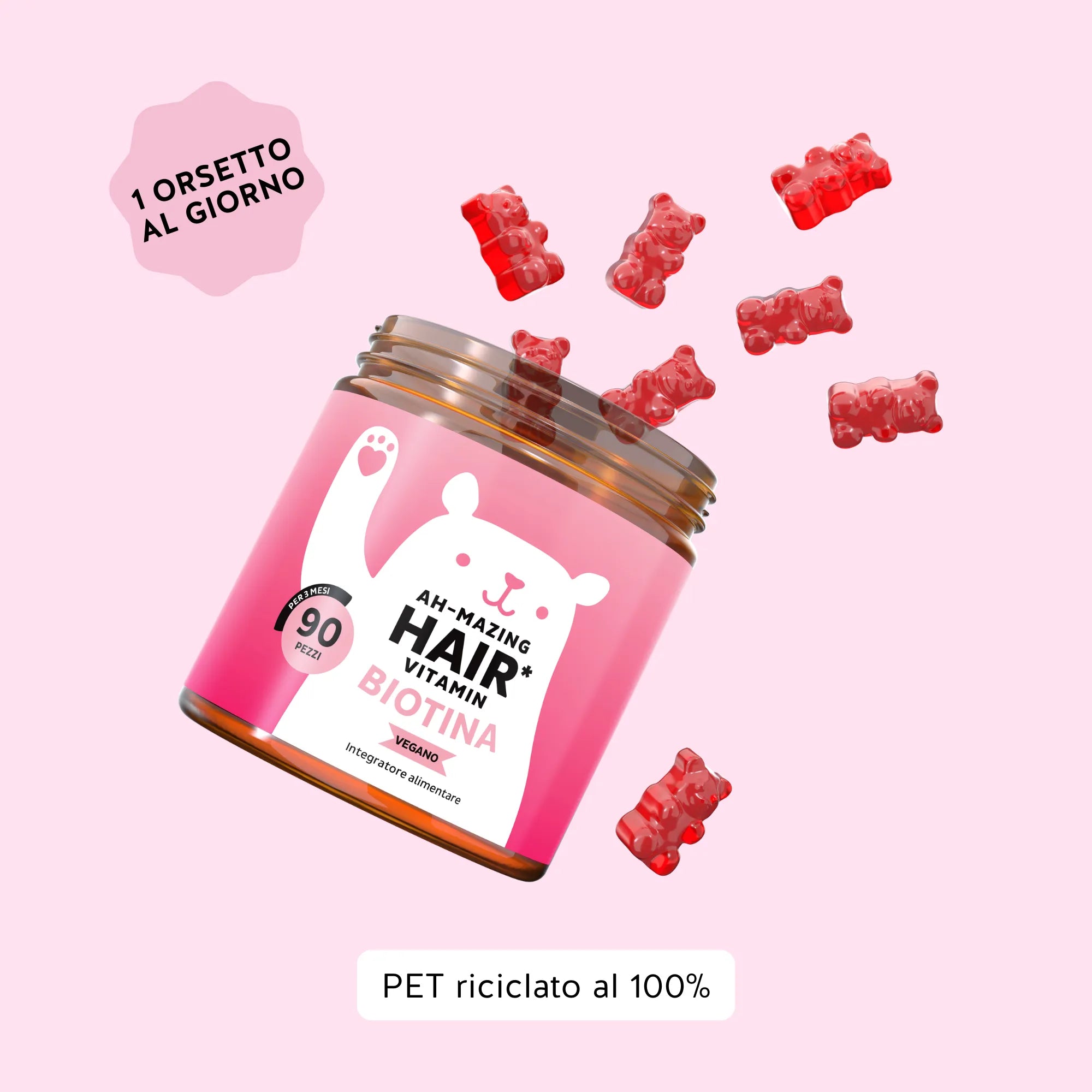 Modalità di assunzione delle caramelle gommose Ah-mazing Hair* di Bears with Benefits: 1 orsetto al giorno. Barattolo con 90 unità.