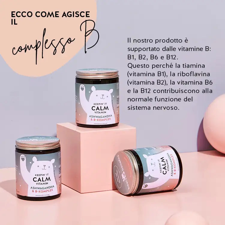 Ecco come funziona Keepin` It Calm Vitamins con Ashwaganda & B-Complex: il nostro prodotto è supportato dalle vitamine B B1, B2, B6 e B12. La vitamina B1 (tiamina), la vitamina B2 (riboflavina), la vitamina B6 e la B12 contribuiscono al normale funzionamento del sistema nervoso.