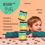 Ecco cosa c'è nei nostri Kids Bites, multivitaminico per bambini: vitamine A, E, B1, B6, B12, Niacina, Biotina, Iodio.