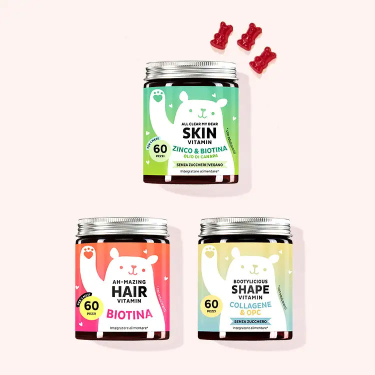 Set di 2 "Bestseller Trio: per pelle, corpo e capelli" composto dalle Vitamine Ah-Mazing Hair, le Vitamine Bootylicious Shape e le Vitamine All Clear my Dear con biotina, collagene, OPC, olio di canapa e zinco da Bears with Benefits.