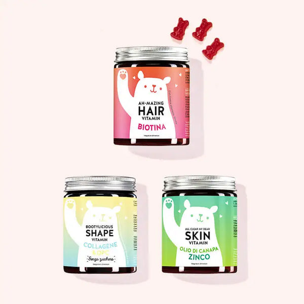 Set di 2 "Bestseller Trio: per pelle, corpo e capelli" composto dalle Vitamine Ah-Mazing Hair, le Vitamine Bootylicious Shape e le Vitamine All Clear my Dear con biotina, collagene, OPC, olio di canapa e zinco da Bears with Benefits.