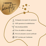 Questa immagine mostra i benefici del prodotto Golden Goddess Tan di Bears with Benefits. Sviluppato da farmacisti, garanzia di soddisfazione al 100%, alta biodisponibilità, privo di glutine e lattosio, privo di coloranti e aromi artificiali, PET riciclato per l'ambiente.