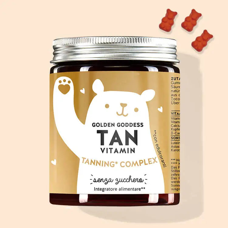 In questa immagine è raffigurata una confezione del prodotto Golden Goddess Tan con Beta Carotene di Bears with Benefits.