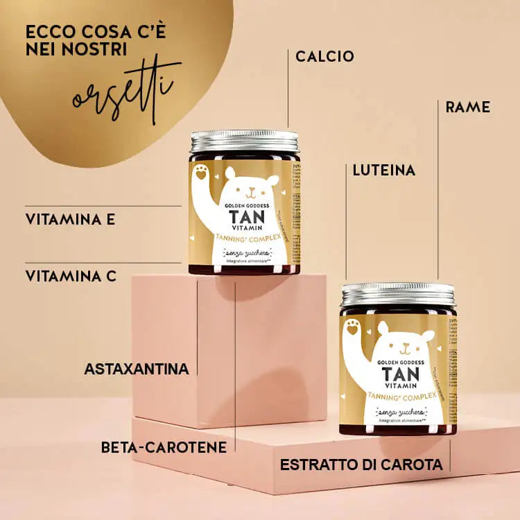 Questa immagine mostra gli ingredienti degli orsetti Golden Goddess Tan con Beta Carotene. Beta carotene, astaxantina, vitamine C ed E, calcio, luteina, rame ed estratto di carota.