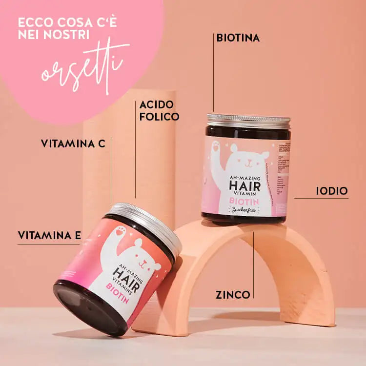 Questi ingredienti e nutrienti si trovano nelle Vitamine Ah-mazing Hair di Bears with Benefits: biotina, zinco, iodio, acido folico e vitamina C e vitamina E